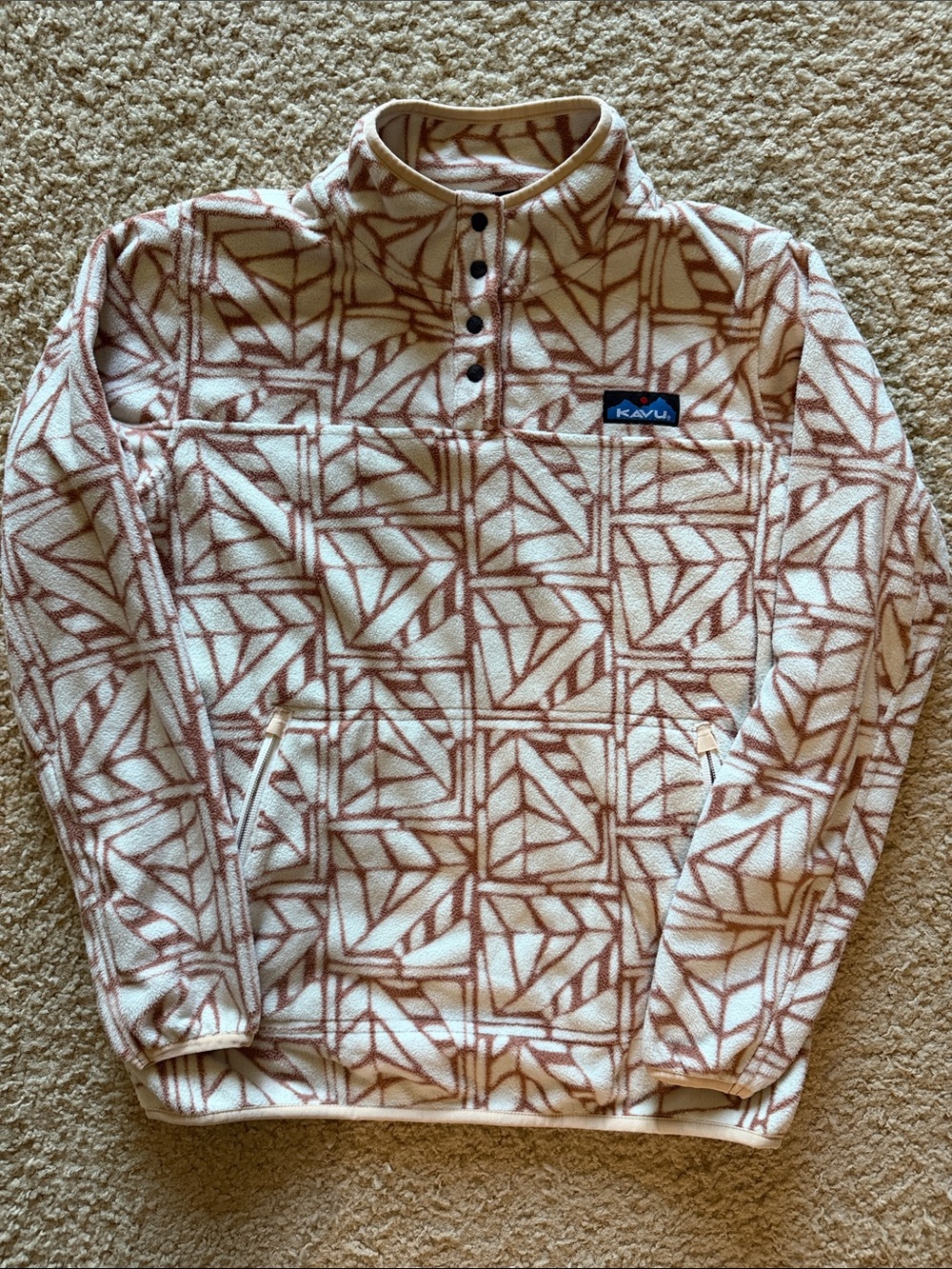 Kavu Cream & Brown Leaf-Pattern Snap Fleece Pullover